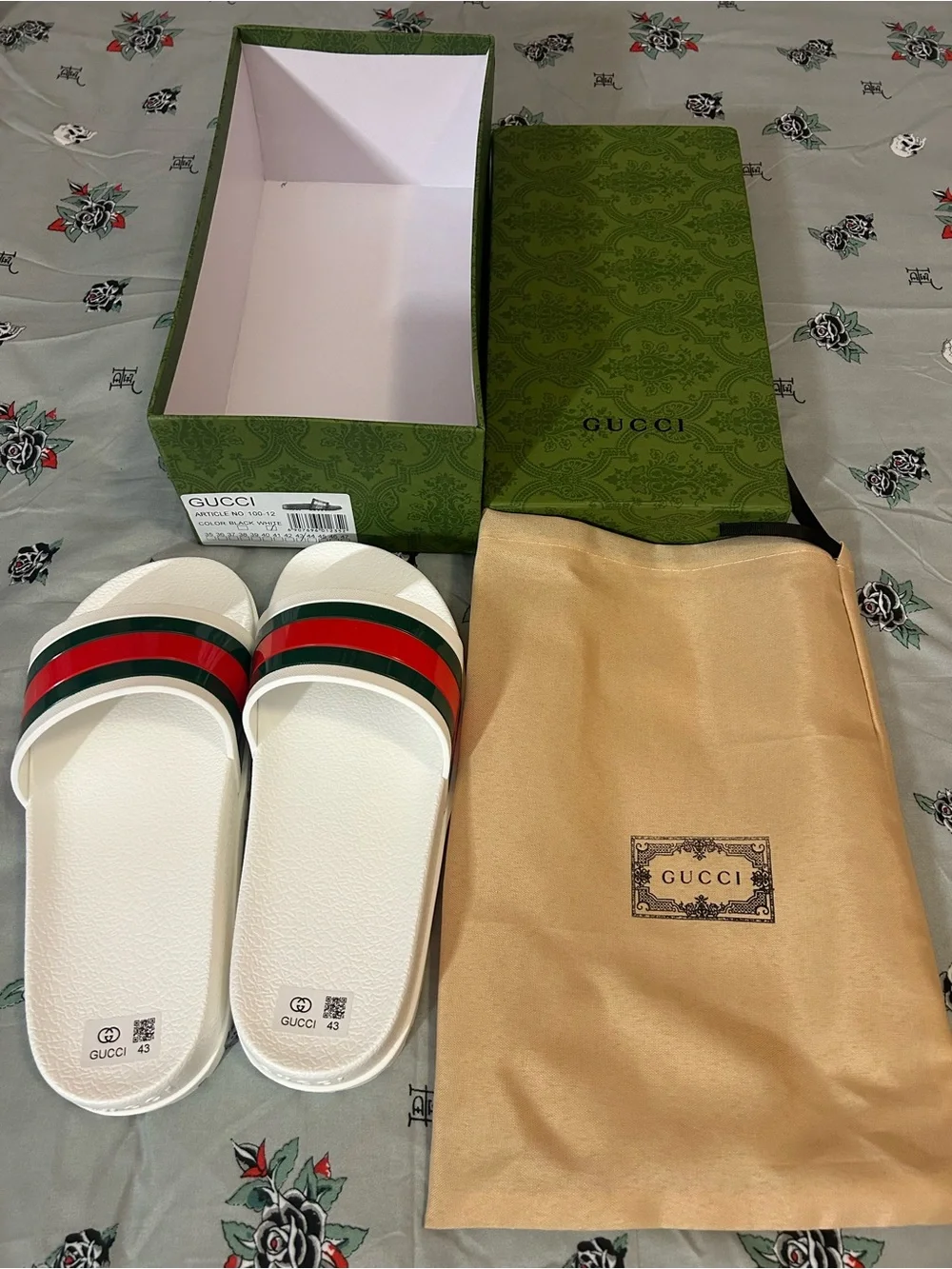Gucci White Slides with Green and Red Stripes